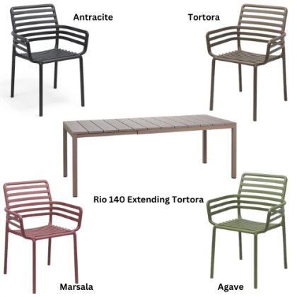Nardi Rio 140 extending dining set with 6 x Doga dining armchairs