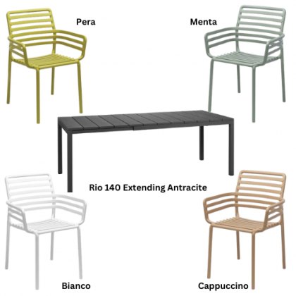 Nardi Rio 140 extending dining set with 6 x Doga dining armchairs
