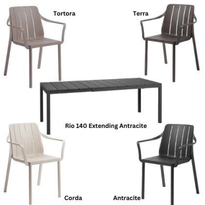 Nardi Rio 140 extending dining set with 6 x Tiberena dining armchairs