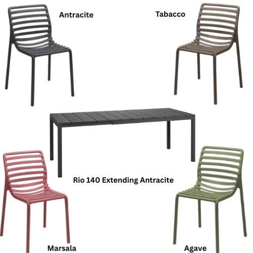 Nardi Rio 140 extending dining set with Doga bistrot chairs