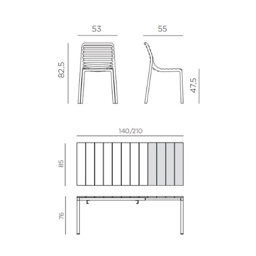 Nardi Rio 140 extending dining set with Doga bistrot chairs dimension