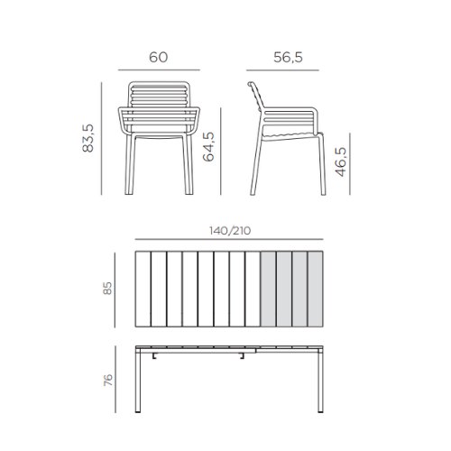 Nardi Rio 140 extending dining set with Doga dining armchairs dimension