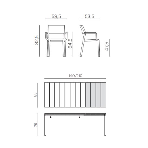 Nardi Rio 140 antracite extending dining set with trill dining armchair dimension