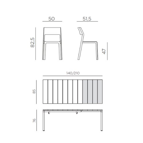 Nardi Rio 140 extending dining set with 6 x trill bistrot chairs dimension
