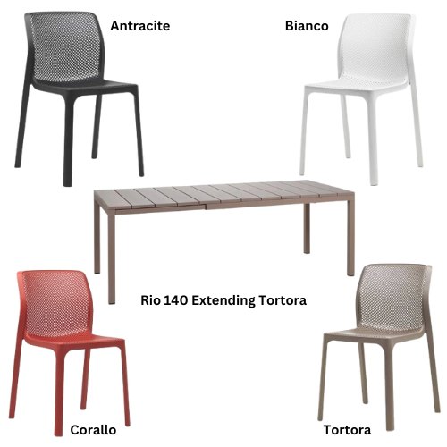 Nardi Rio 140 tortora extending dining set  - antracite, bianco,corallo and tortora chairs