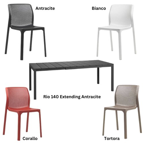 Nardi Rio 140 antracite extending dining set  - antracite, bianco,corallo and tortora chairs