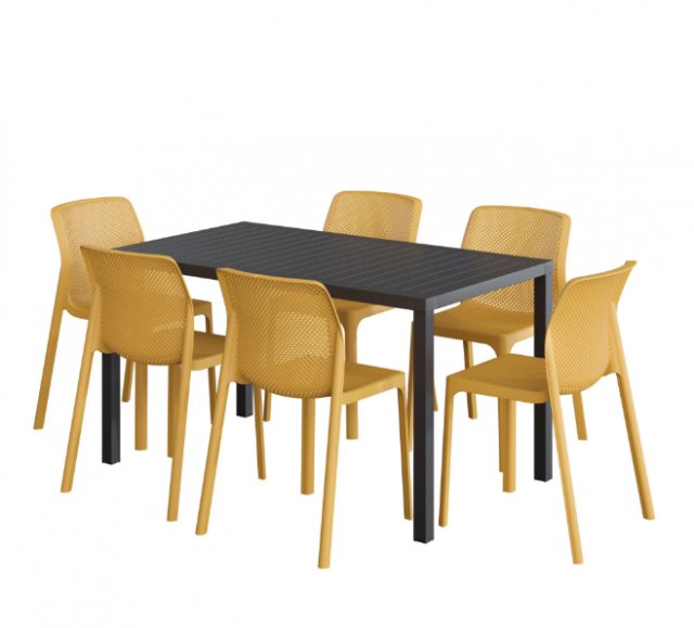 Nardi Rio 140 extending dining set with 6 x Bit dining chairs dimension in senape