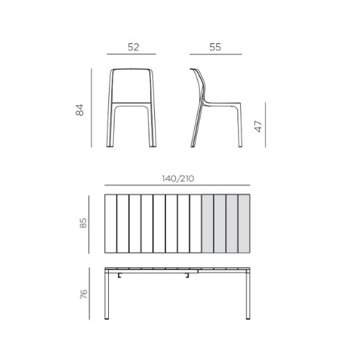 Nardi Rio 140 extending dining set with Bit dining chairs dimension