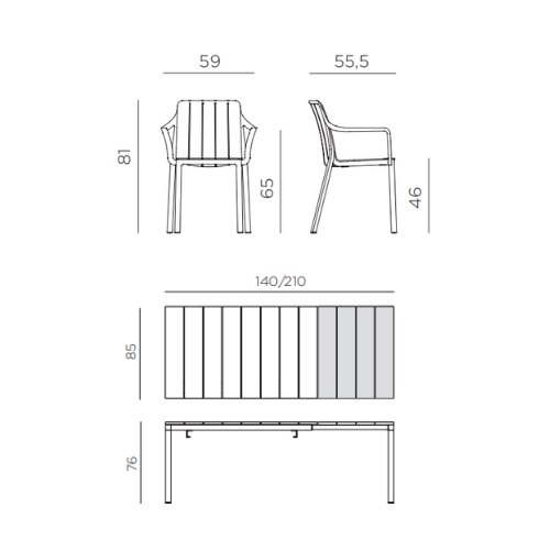 Nardi Rio 140 extending dining set with Tiberena dining armchair dimension