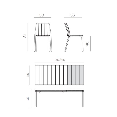 Nardi Rio 140 extending dining set withTiberena bistrot dining chairs dimension
